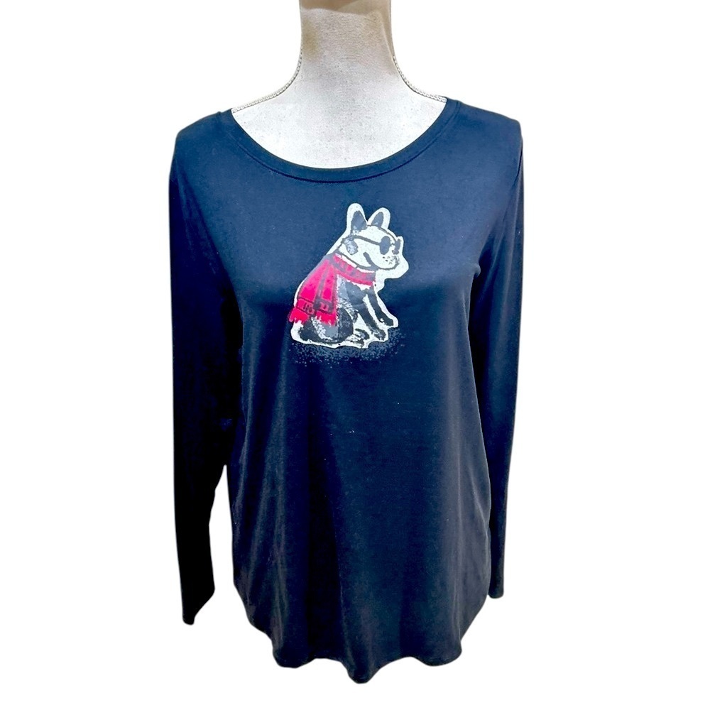 HUE black Long Sleeve Tee french bull Dog red scarf Graphic print size medium